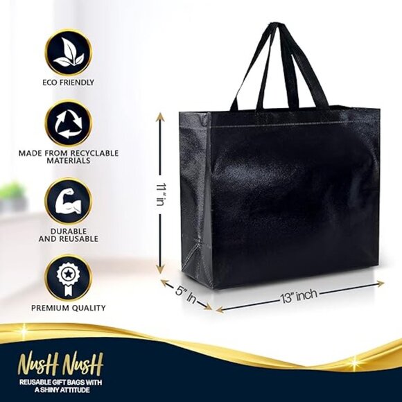 Black Gift Bags Large Size –Set of 10 Shiny Black Reusable Gift Bags With Handle - Picture 4 of 4